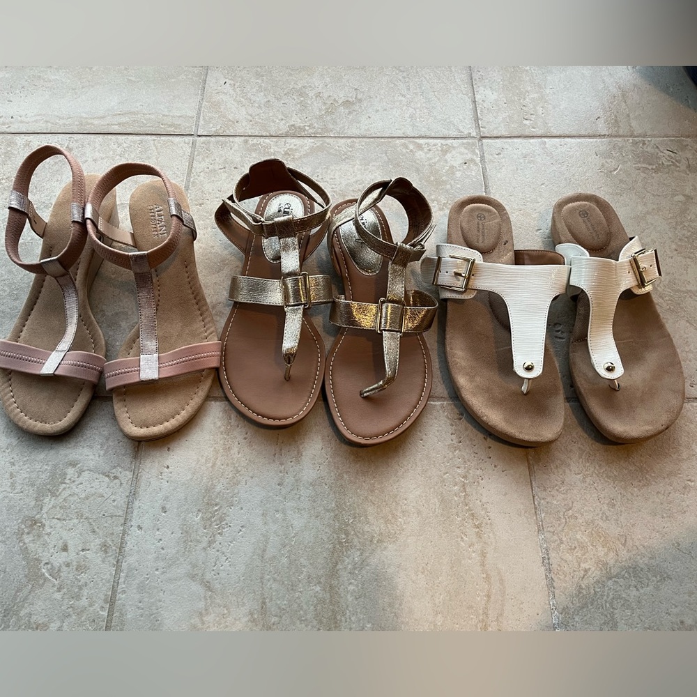 Lot of 3 pairs of 9.5M sandals: pink, rose gold, pewter, silver, gold, white
